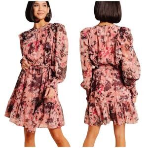 Rachel Parcell pink Floral Print Ruffle Chiffon Blouson belted Dress Size US 4
